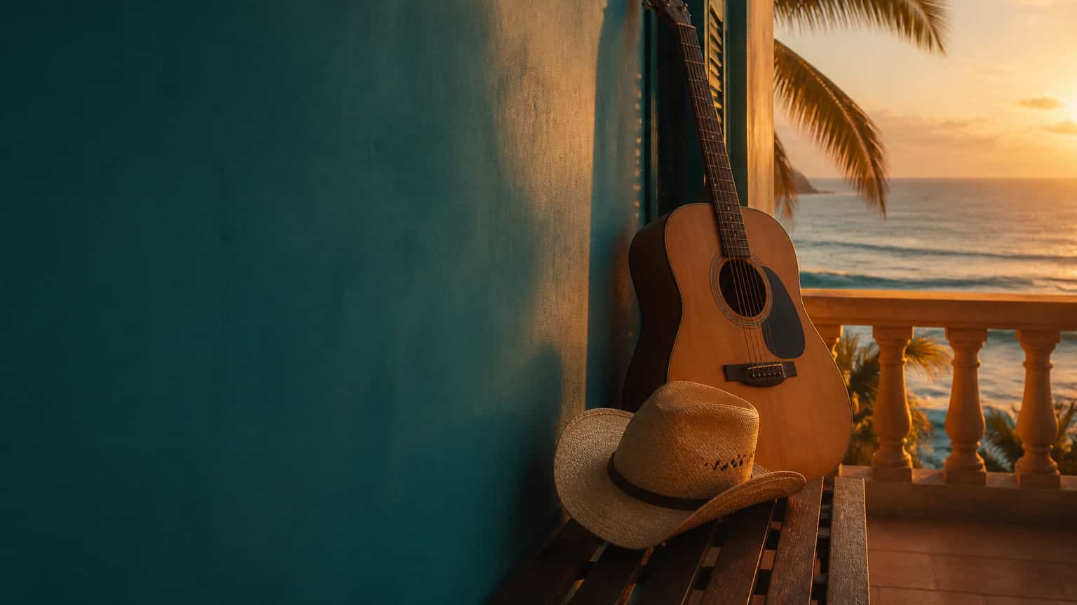 A cowboy hat and acoustic guitar on a sunny coastal balcony