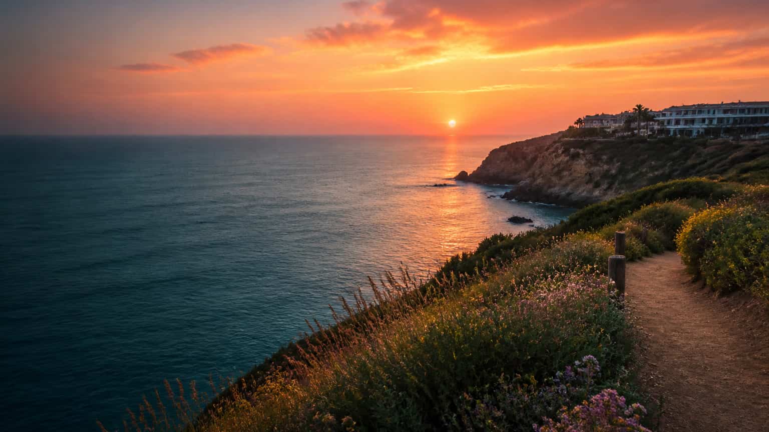 A wildflower clifftop path beneath a panoramic coastal sunset