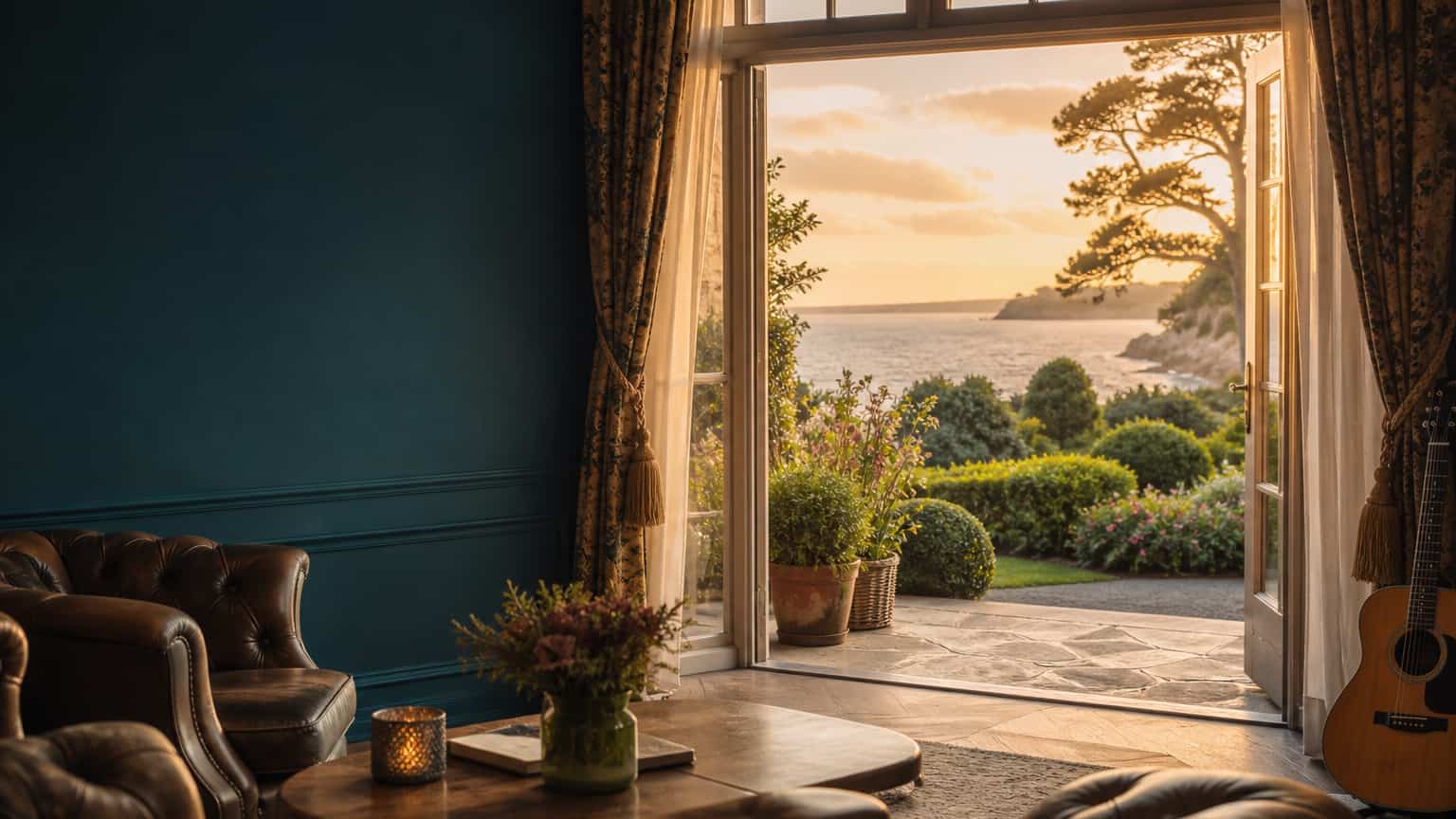 A cosy country hotel lounge opening to a bright coastal garden