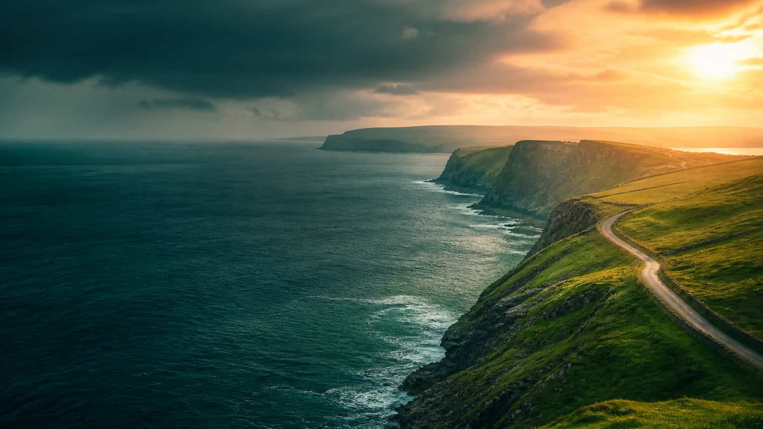 Green Irish sea cliffs beneath a warm break in the clouds