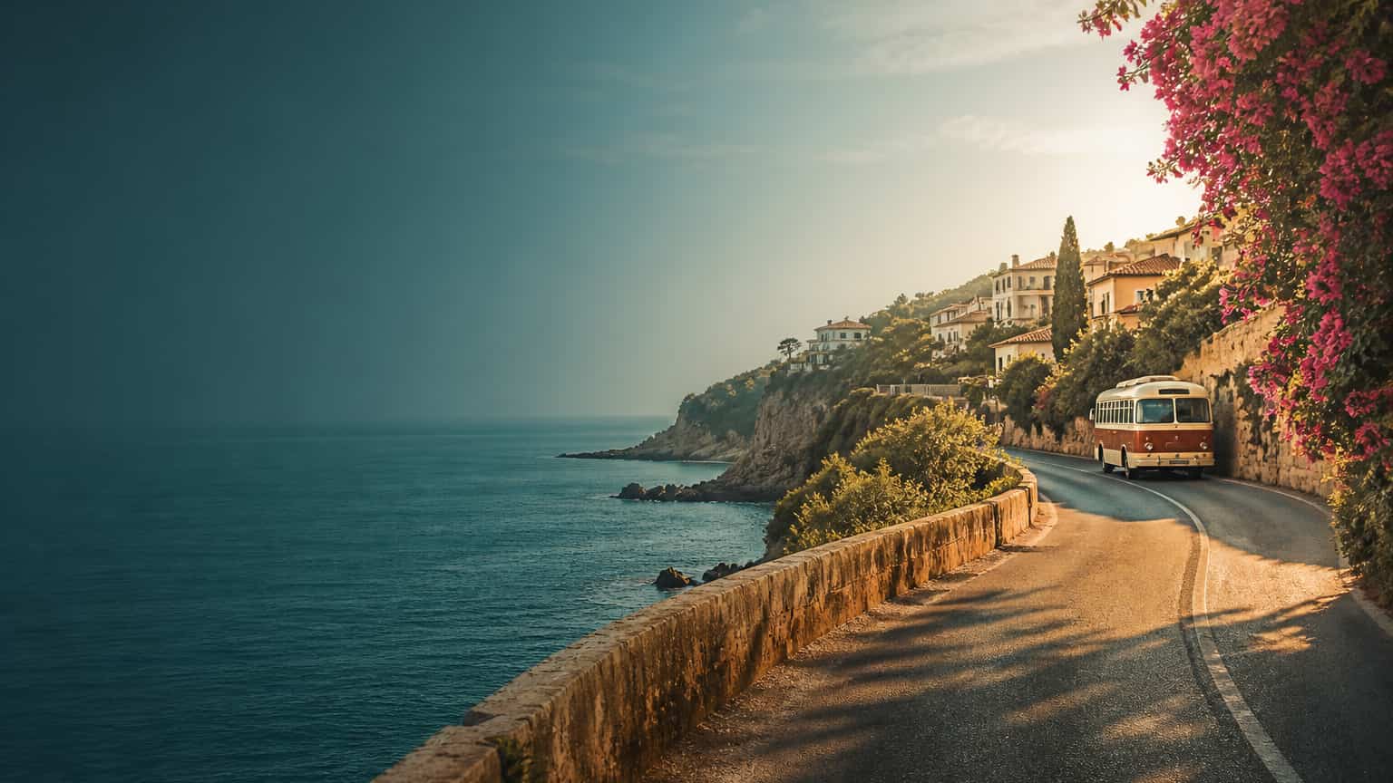 A flower-lined Portuguese road curving toward the Atlantic