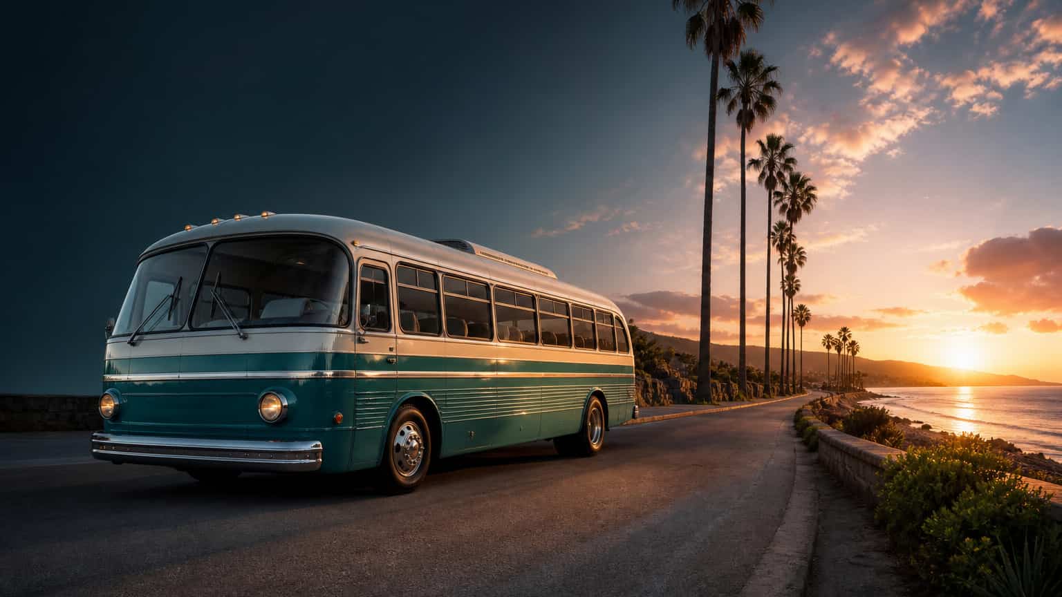 A polished tour coach beside a palm-lined seaside promenade