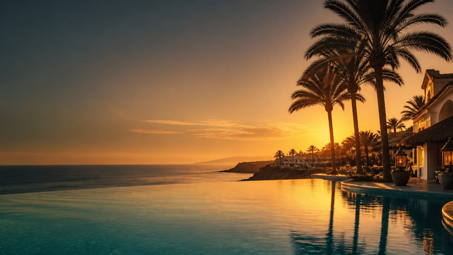 Palm-lined Costa del Sol hotel pool at golden hour
