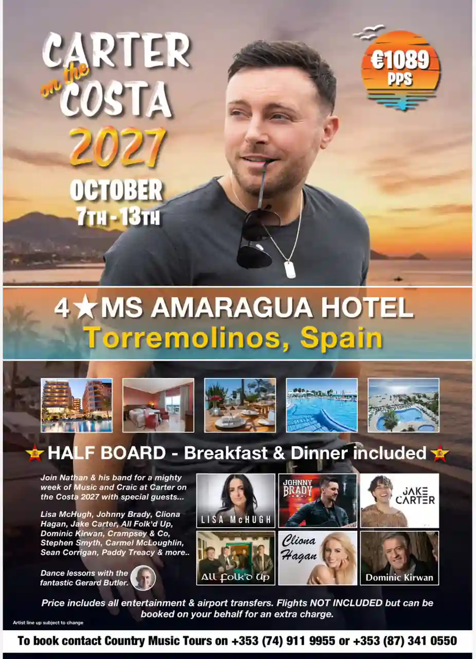 Carter on the Costa 2027 official tour poster featuring Nathan Carter, 7–13 October 2027, MS Amaragua Hotel and guest lineup